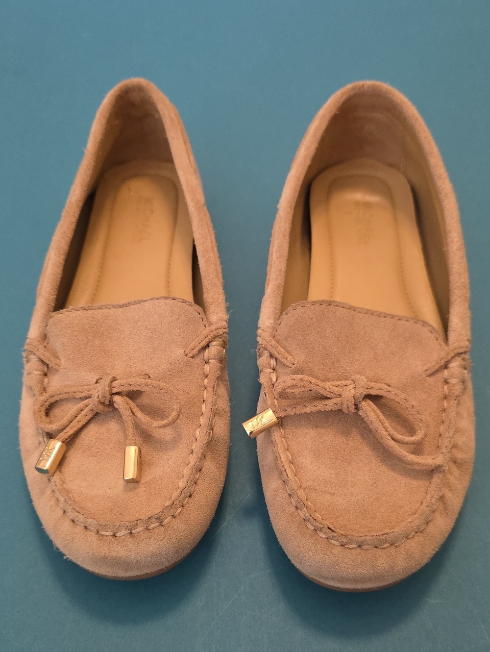 Michael Kors Beige Suede Moccasin Loafers with Gold Accents